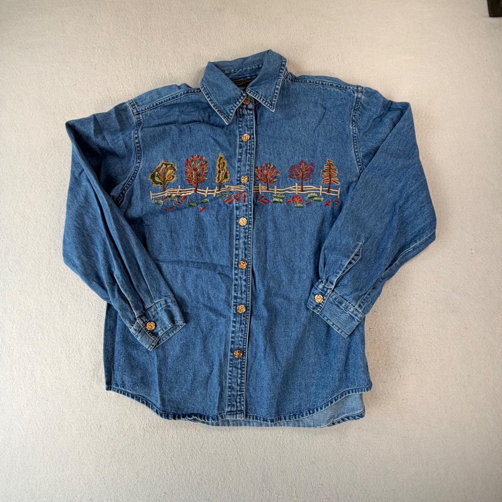 New Directions Womens Small Blue Denim Shirt Embroidered Fall Trees Button Front